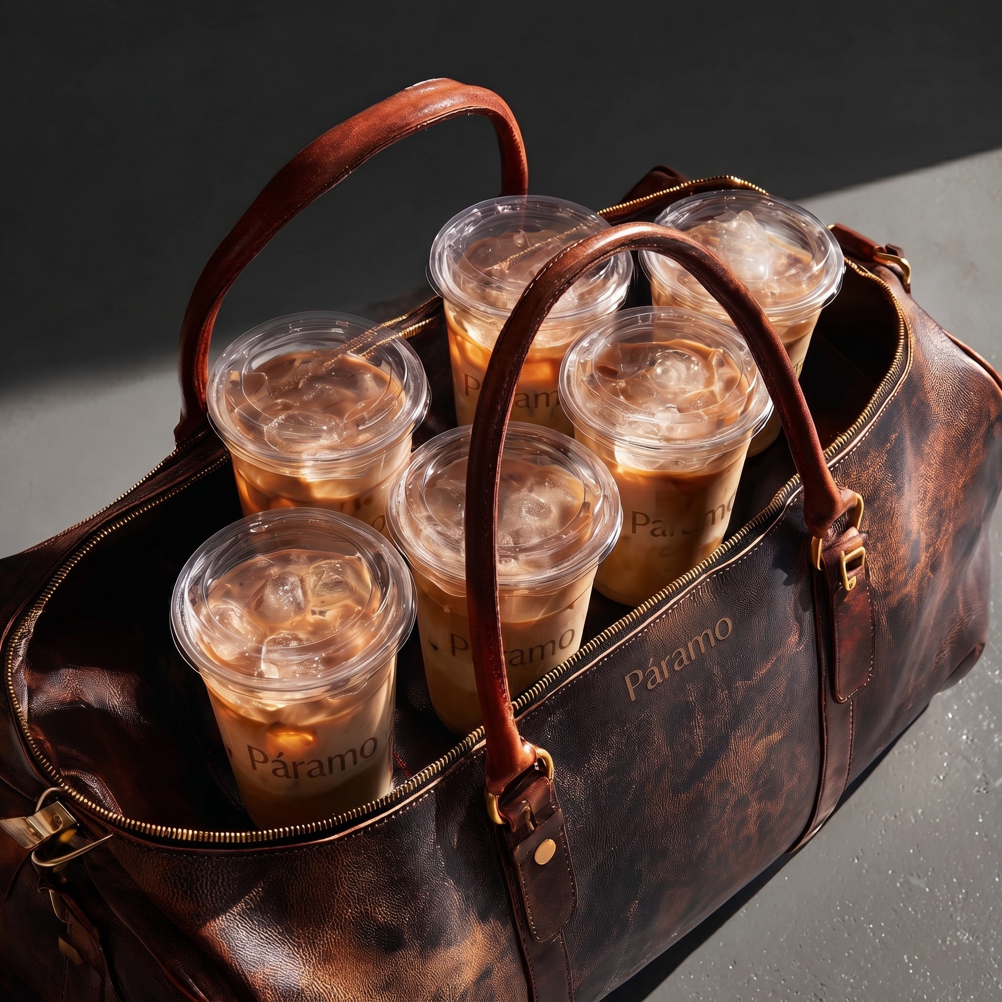Páramo iced coffees carried in a leather bag